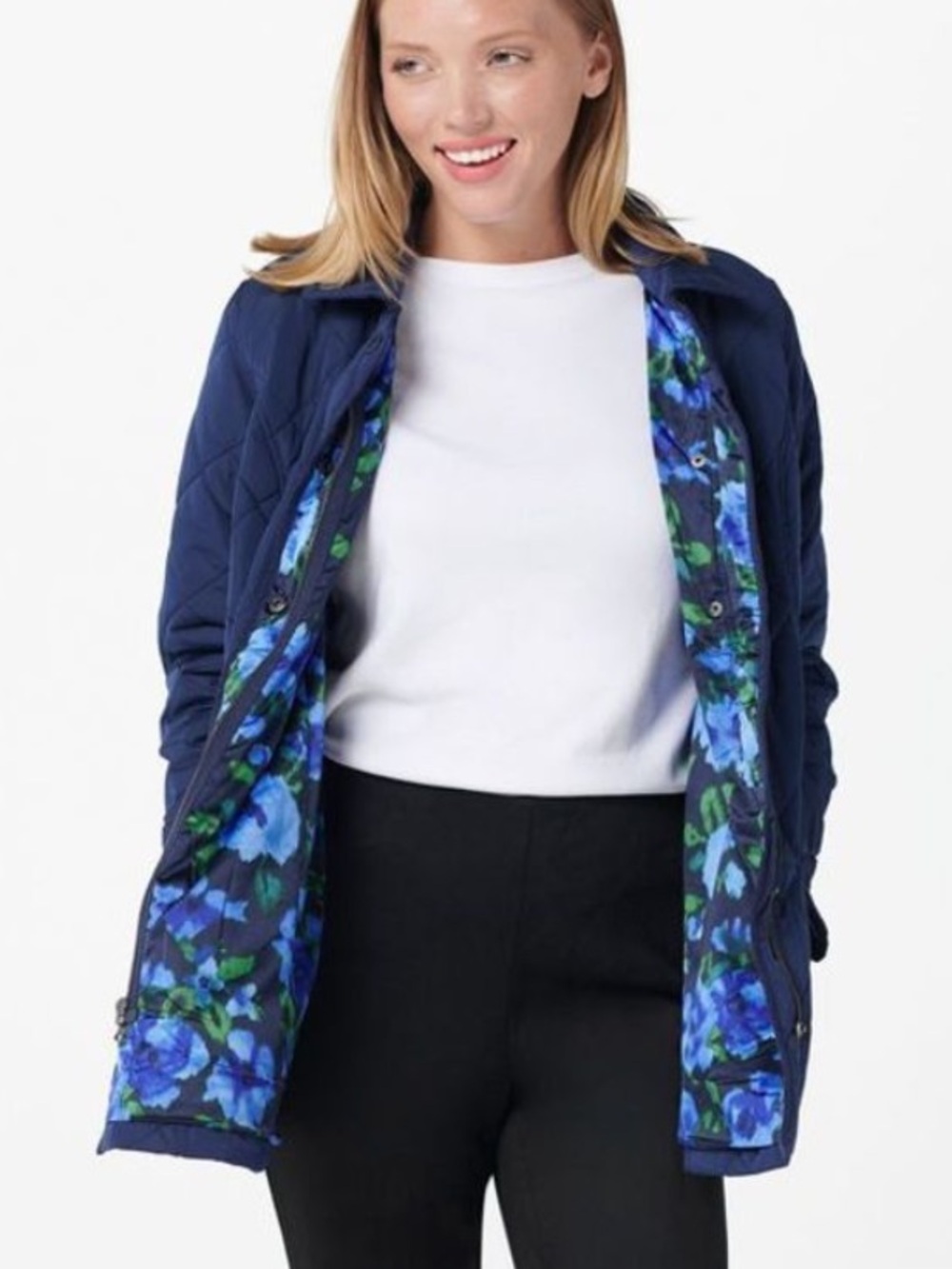 Isaac Mizrahi Live! Women M Navy Blue Quilted Barn Jacket With Printed Lining